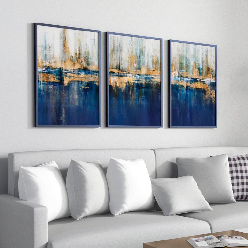 Trio Quadro Decorativo Grande Para Sala Com Moldura Moderno Abstrato Azul Dourado 40x60 cm · foto 2