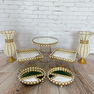 Kit Vaso Jarros Bandeja Boleira Pedraria Perolas + Espelhos 7 Unidades Luxo em Oferta na Shopee