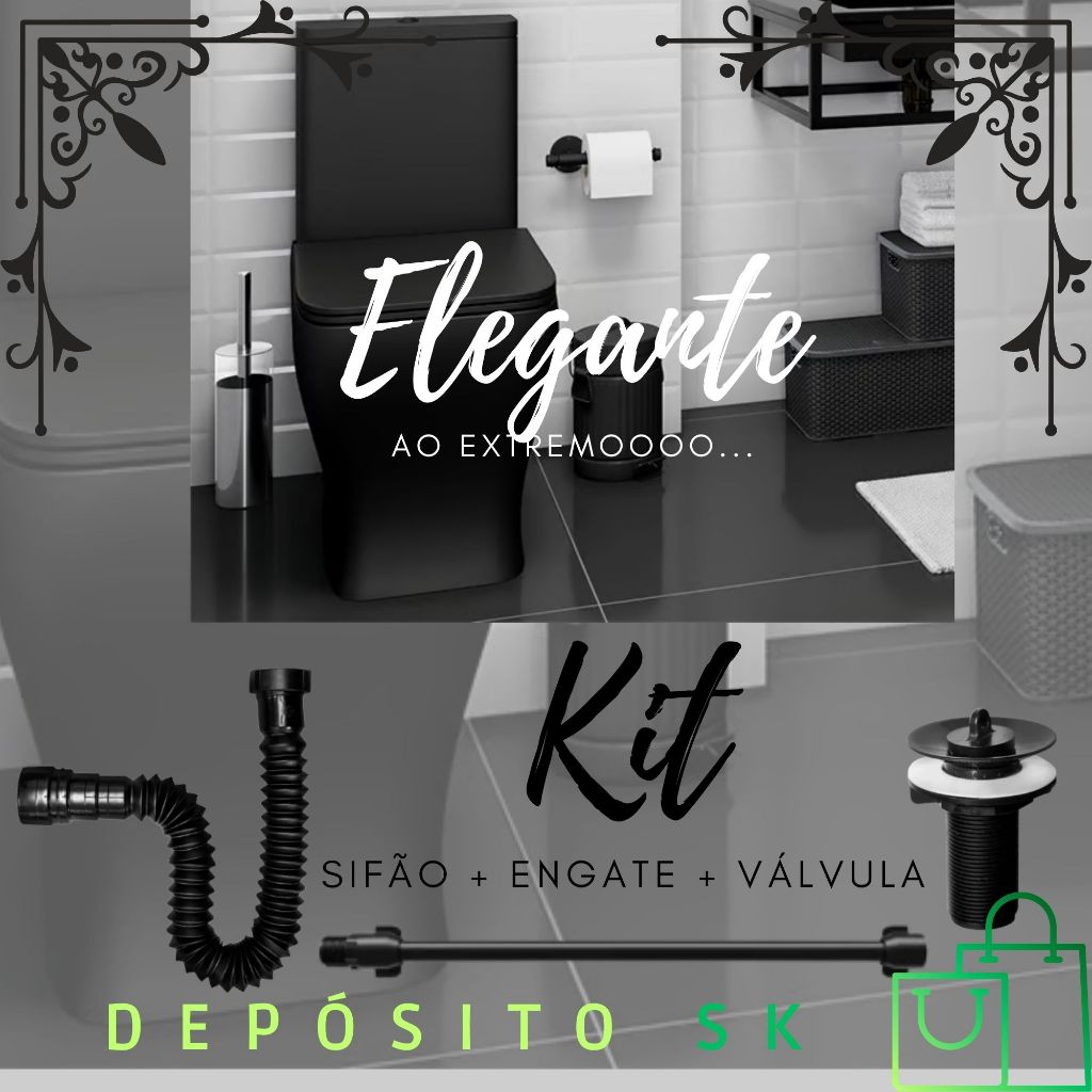 Kit Sifão Preto + Válvula Lavatório/Pia Preto 7/8' + Engate Preto 60cm Astra