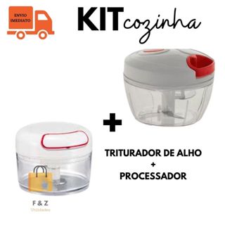 Kit Processador Triturador de Alimentos Manual 3 lâminas + Mini Processador de Alho e Temperos Cozinha