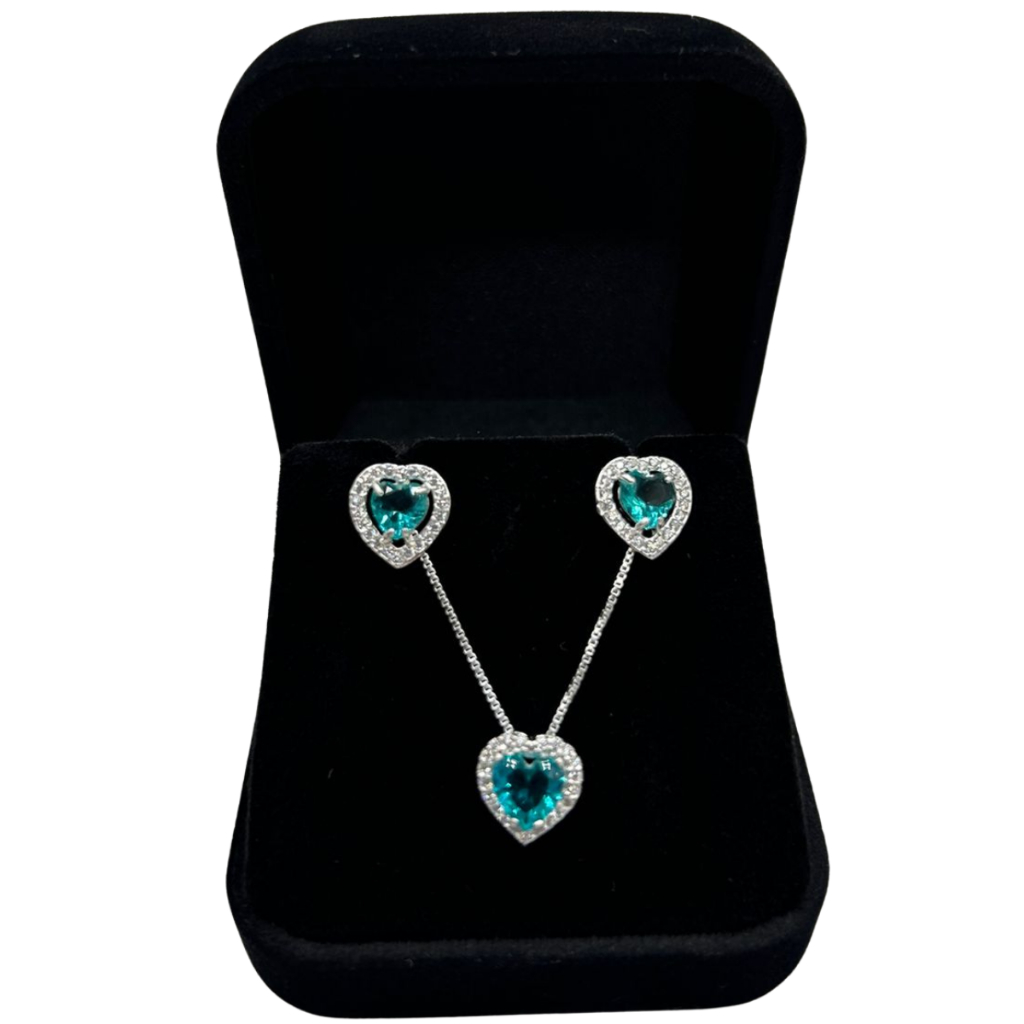 Conjunto Colar Coração e Brinco Cravejado Colorido em Prata 925 em Oferta na Shopee