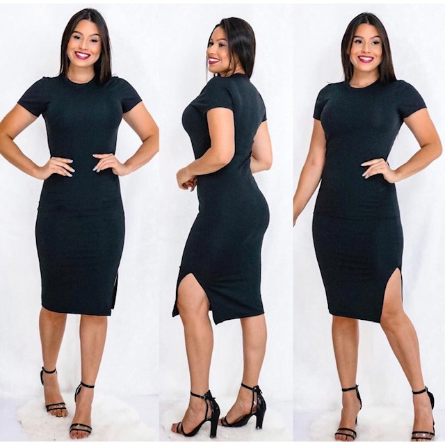 Vestido Feminino Midi Manga Curta Canelado Midi Longo - Women Clothes