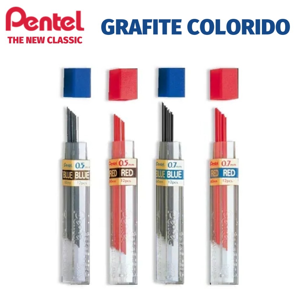 Grafite Colorido para Lapiseira Pentel - 0.7mm ou 0.5mm - Azul e Vermelho