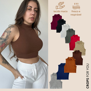 Cropped Blusa Feminina Gola Alta Malha Canelada Moda