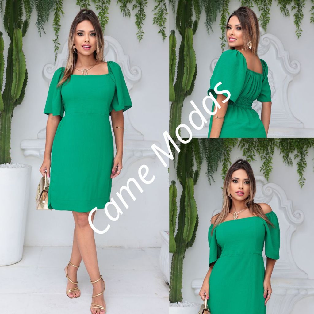 Vestido Curto Feminino Eelegante Tecido Duna Forrado Manga Flare Curta