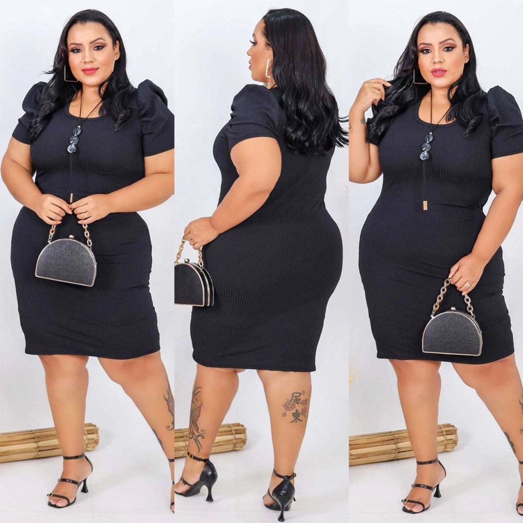 Vestido Plus Size Feminino Canelado Manga Curta Princesa Moda Blogueira Evangélica Tecido Canelado