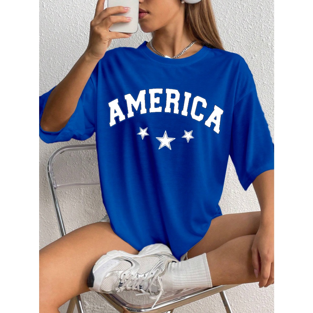 Camiseta Oversized Feminina Estampada America Desenho Estrela Tecido Confortável Manga Curta Larga 