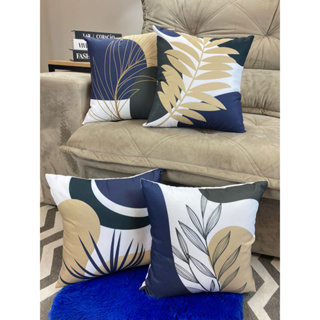 Kit com 4 Capas para Almofadas Folhagem Azul e Bege em Oferta na Shopee