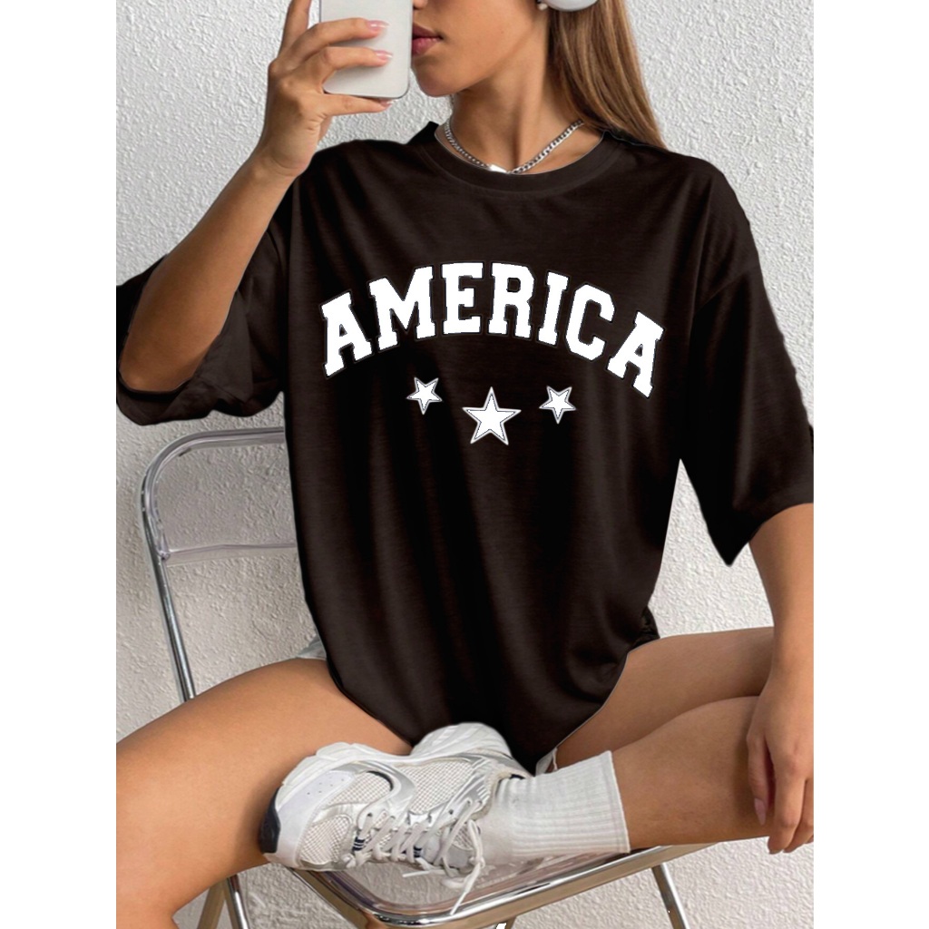 Camiseta Oversized Unissex Tecido Confortável Estilo Moderno Mulher Aesthetic Blusa  Estampada Estrelas America