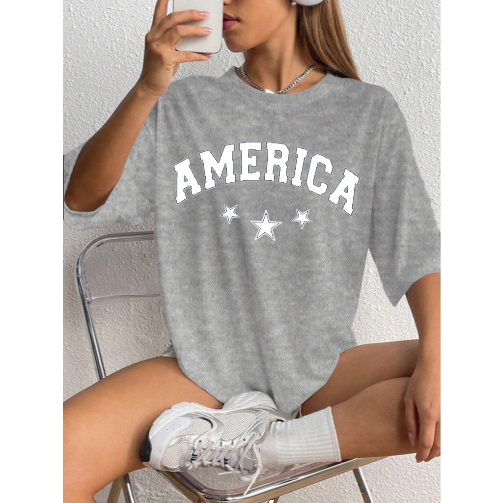Camiseta Oversized Feminina Estampada America Desenho Estrela Tecido Confortável Manga Curta Larga 
