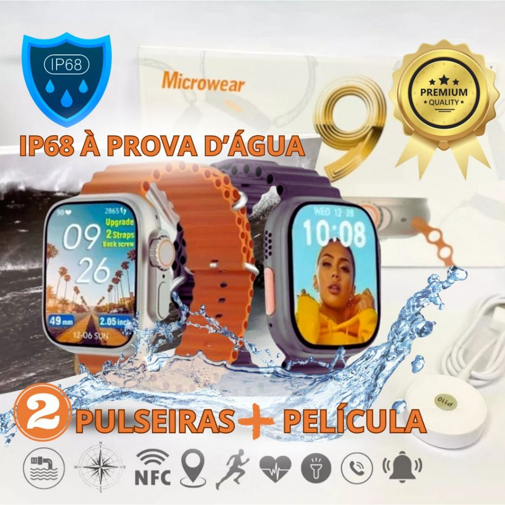 Smartwatch Ultra 9, IP68 A Prova d'água Microwear Série 9, 2 pulseiras + película, Bússola Tela Grande 2.2" 49mm GPS Pista Esporte Original IWO Relógio Inteligente