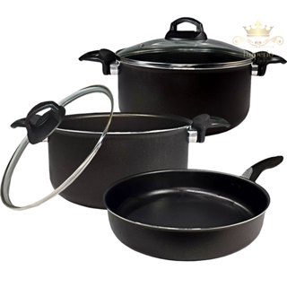 Kit 3 Peças Panelas Caçarolas Tamanho Grande 22 E 24 e Frigideira Alta Tamanho 22 Cor Preta Com Tampa De Vidro Kit Panela Antiaderente Com 5 Camadas De Teflon em Oferta na Shopee