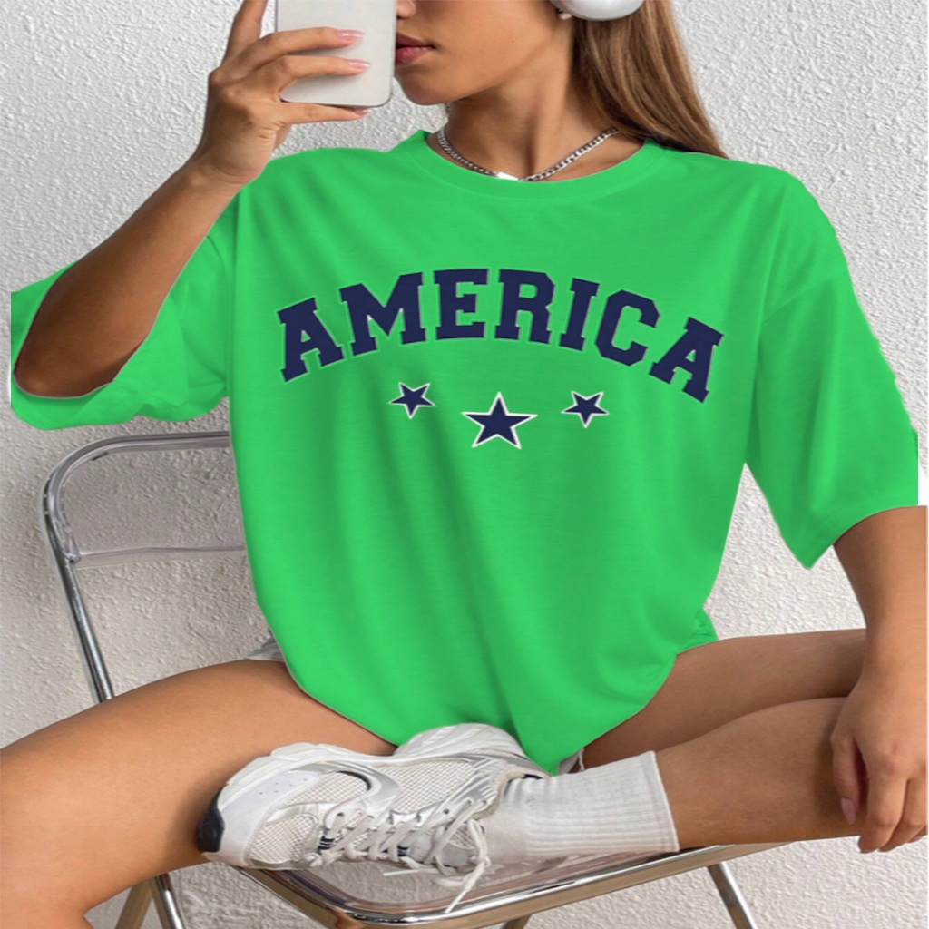 Camiseta Oversized Longa Unissex Swag Hip-Hop Estampada America Desenho Estrelas Blusa Feminina Old
