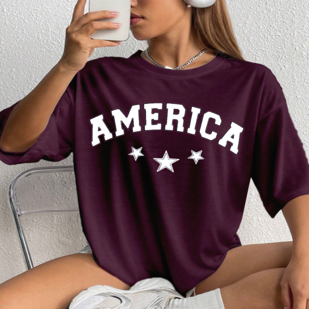 Camiseta Oversized Feminina Estampada America Desenho Estrela Tecido Confortável Manga Curta Larga 