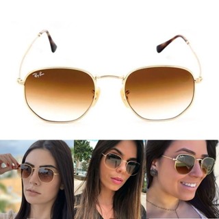Óculos de Sol Hexagonal Masculino Feminino Dourado Marrom Degrade Metal Lente Cristal