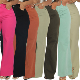 Calça Feminina Wide Leg Pantalona Cintura Alta Coloridas Top