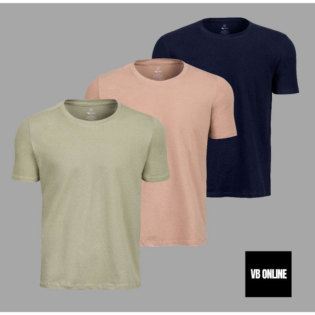 VB ONLINE Kit 3 Camisas Camisetas Redonda Algodão Egipcio Anti-alérgico Premium Malha Nobre P ao G2