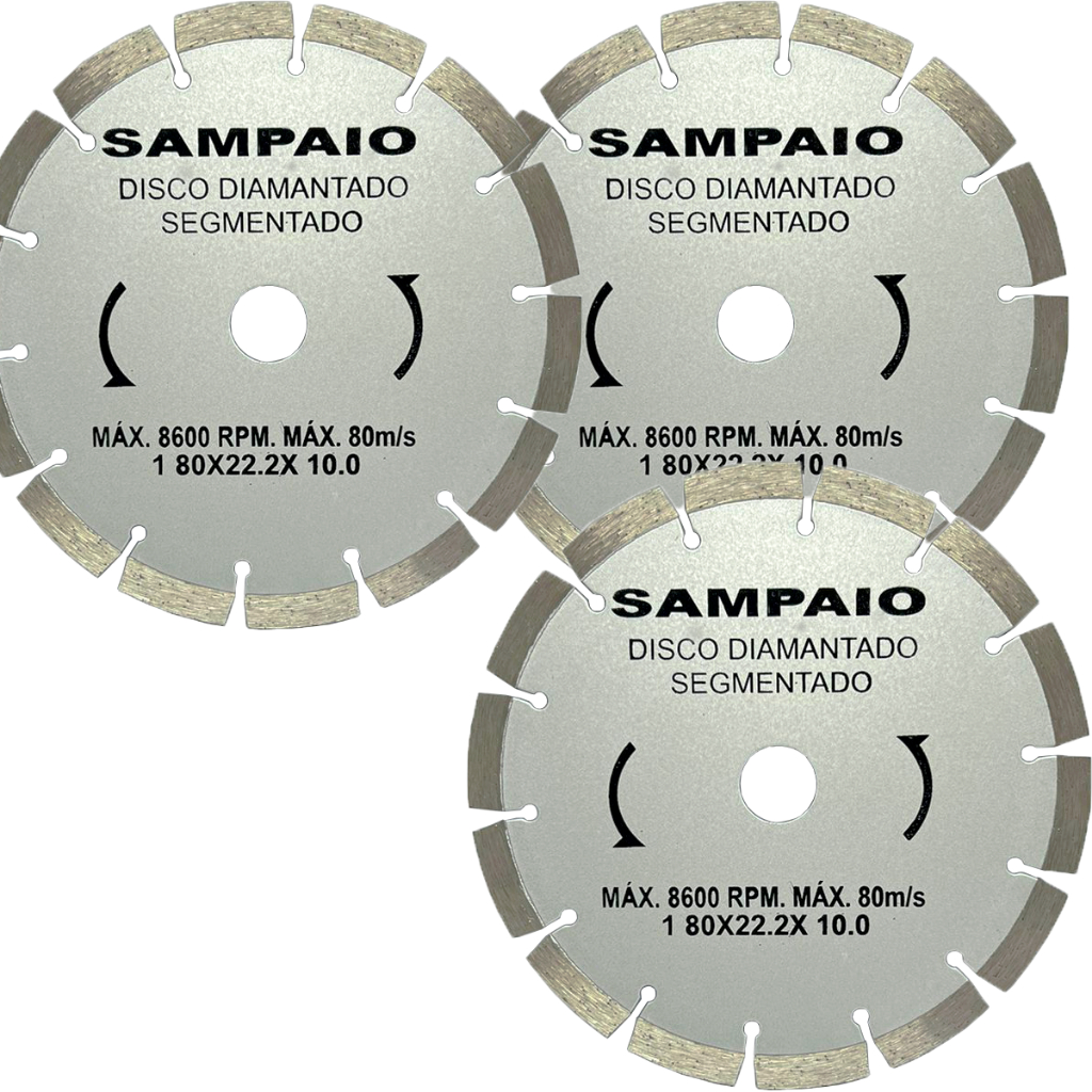 Kit 3 Discos de Corte Diamantado Segmentado 7" 180mm Sampaio Para corte de Concreto, Pedras, Alvenaria e Pave