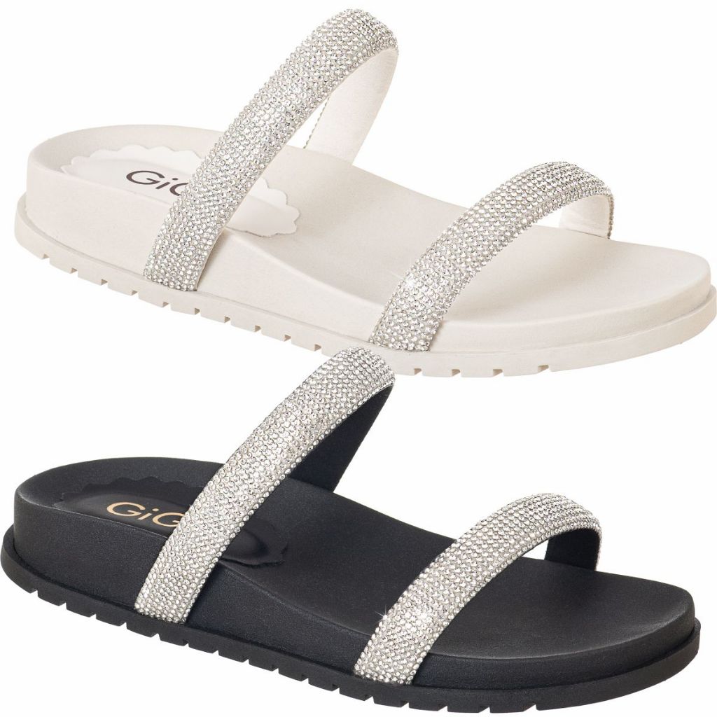 Sandália Feminina Rasteirinha Tamanco Papete Flat 2 Tiras Strass Original Brilho Gigil - Women Shoes