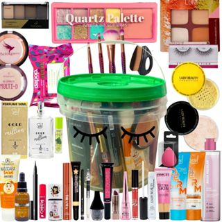 Kit Balde De Maquiagem Batom Paleta De Sombra Acessórios