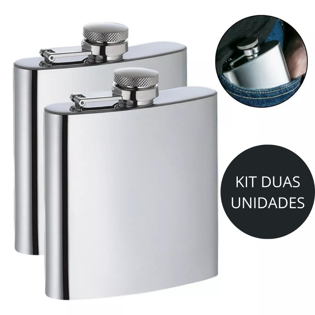 Kit 2 Cantil De Bolso Inox 230ml Whisky Bar Bebida Whiskeira