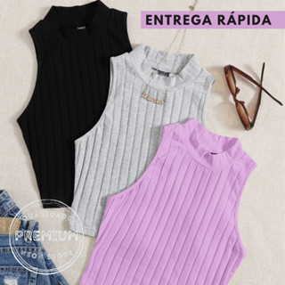 Kit 03 Regata Cropped Feminino Gola Alta Basico Canelado Sem Manga Blogueira Verão