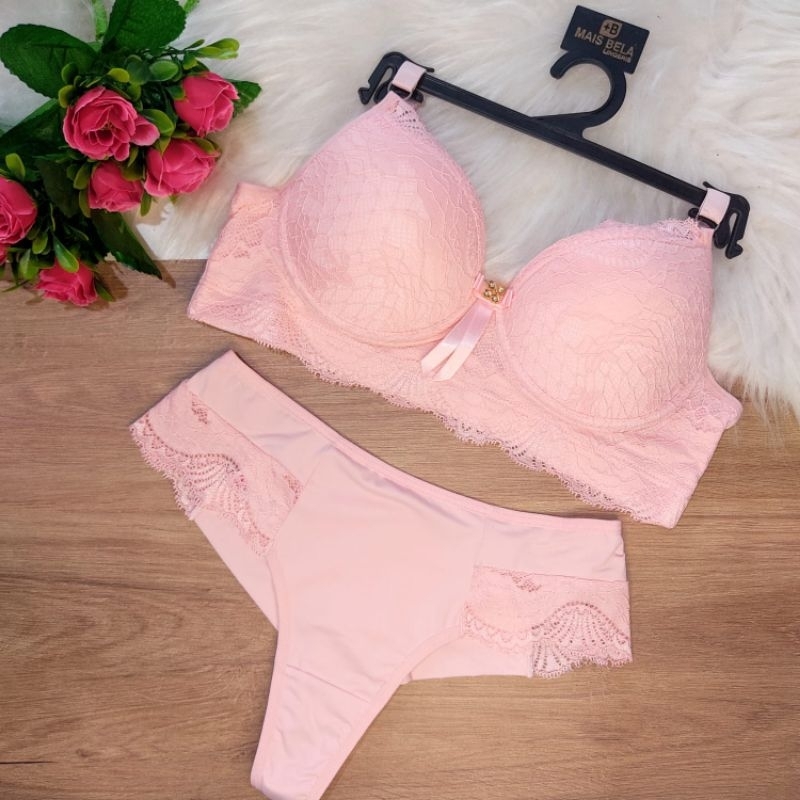 Conjunto Lingerie Com Sutiã Bojo Luxo Renda Calcinha Cintura Alta  - Moda Íntima - Langerie