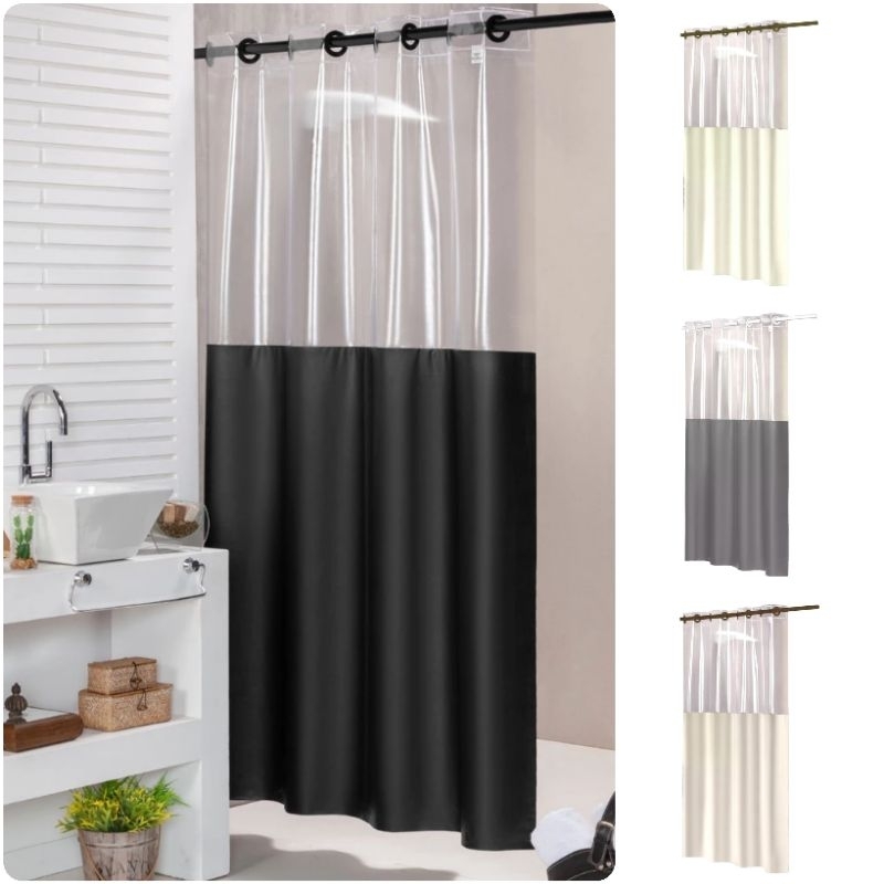 Cortina Para Box De Banheiro 1,38m x 1,98m Lisa/Visor e Ilhós/Ganchos Vinil Impermeável Antimofo