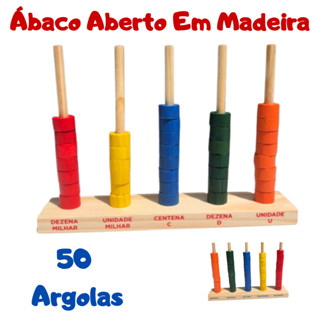 Ábaco Aberto Vertical Brinquedo Educativo Escolar com 5 Hastes e 50 Argolas Coloridas em Madeira