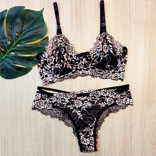 Conjunto Luxo Renda Bicolor Sem Bojo Forrado Com Aro Romântico Lingerie 616