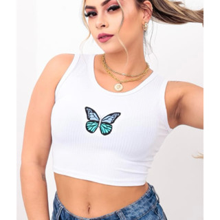 cropped top borboleta canelado e bordado