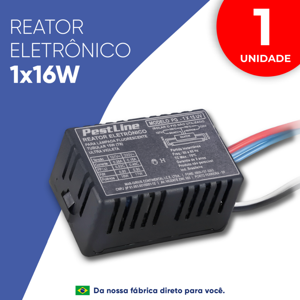 Reator Eletrônico Lâmpada 16W UVA T8 Simples Bivolt 1X15W Tubular Germicida