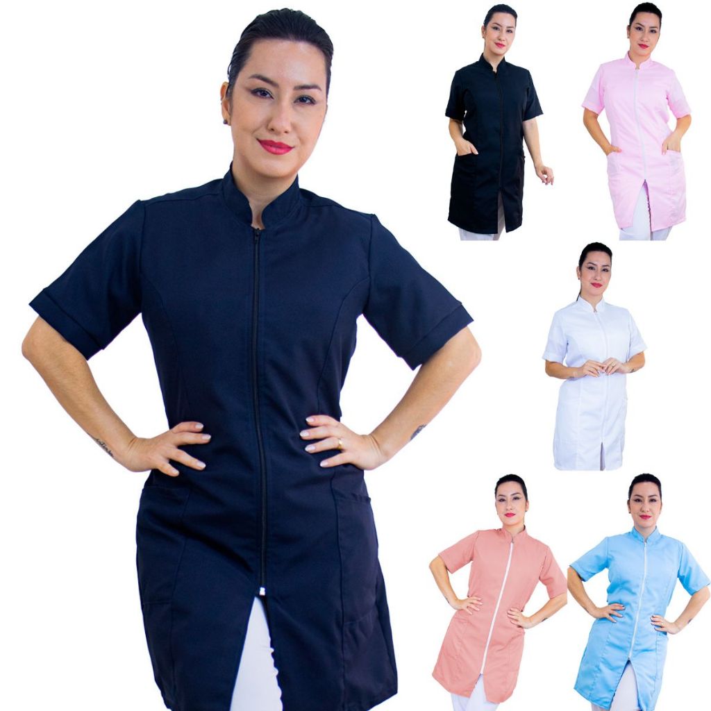 Jaleco Feminino Manga Curta Oxford Acinturado Com Zíper Gola Padre Várias Cores Profissional Dentista Salão de Beleza Esteticista Consultório Nail Designer Estudante