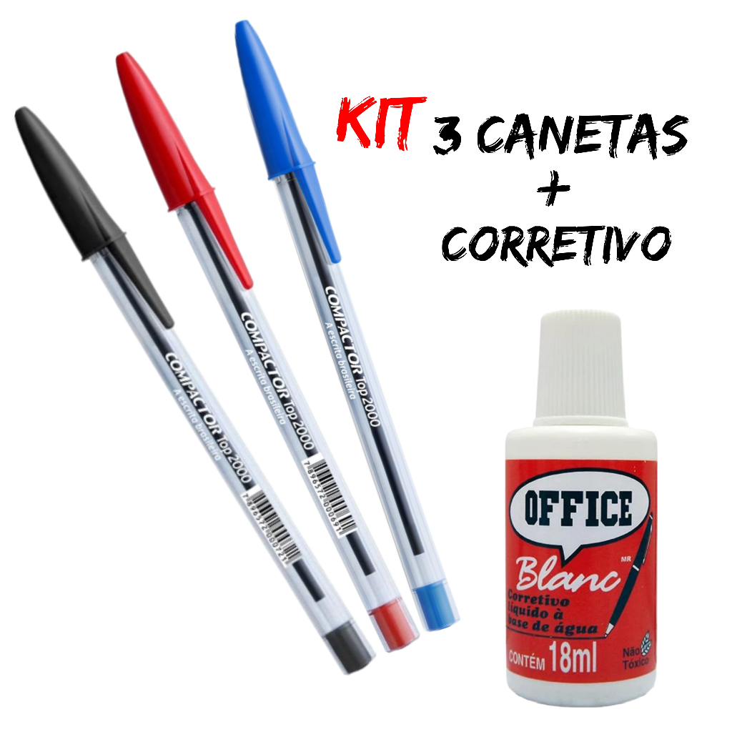 Kit 3 Canetas Economic Compactor e Corretivo