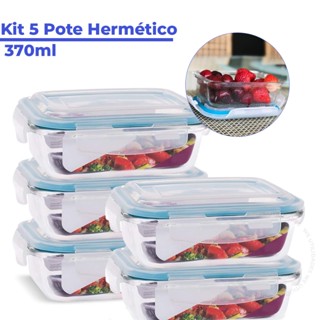 Kit 5 Pote de Vidro Hermético Retangular 370 ml Marmita Microondas