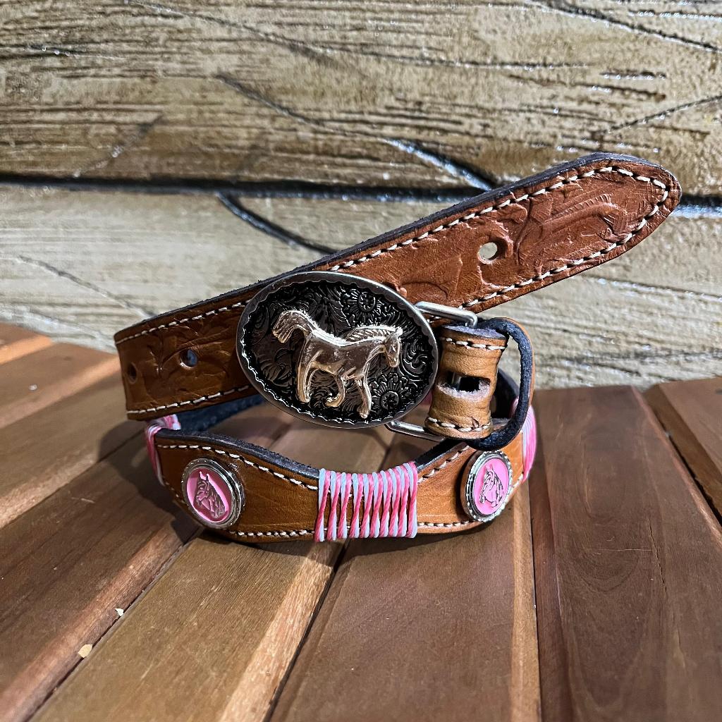 Cinto Infantil de Couro Legítimo de Cavalinho Aplique Rosa Trançado Artesanalmente Qualidade em Oferta na Shopee