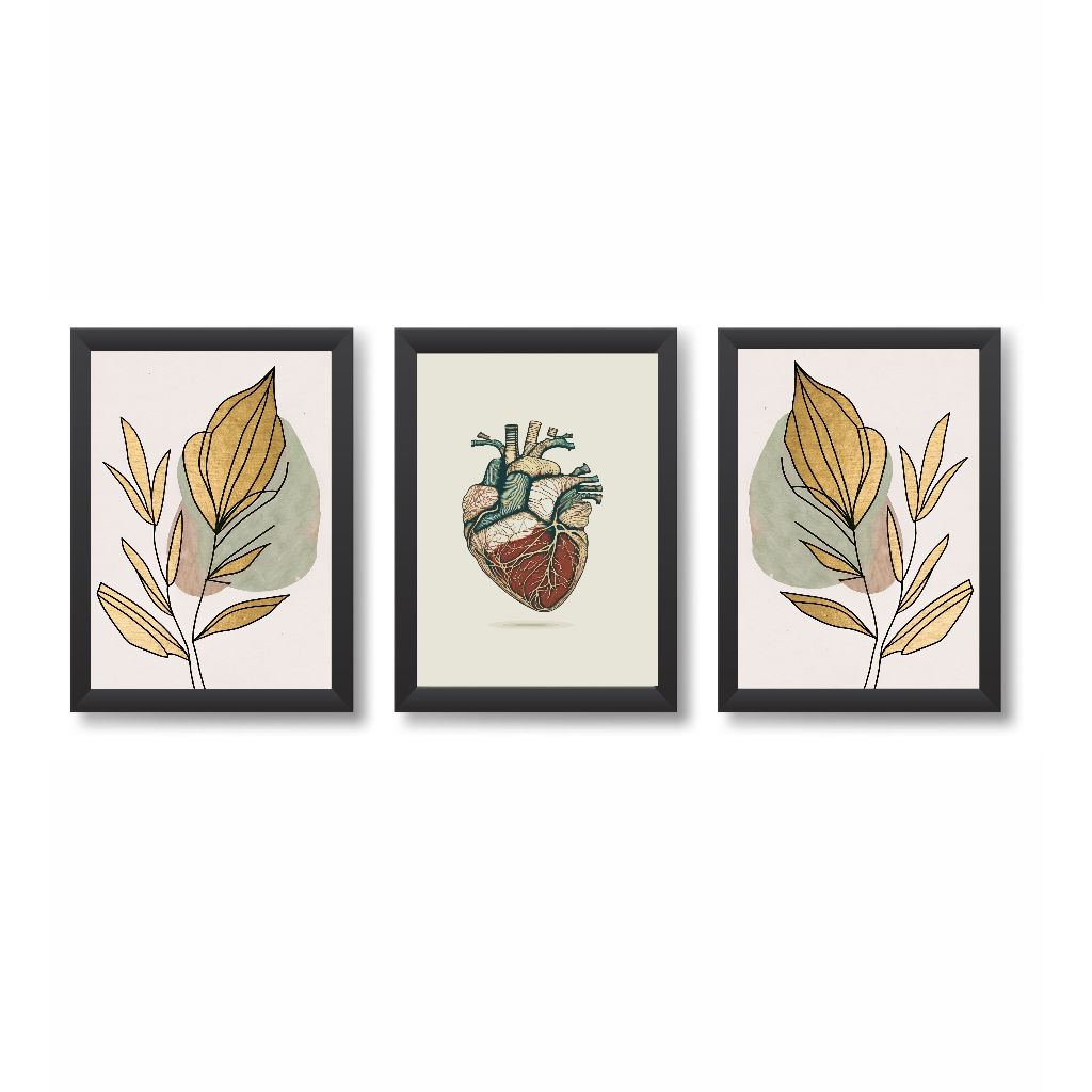 Kit 3 Quadros Decorativos Coração Cardiologia Medicina Molduras 20x30cm Madeira Vidro Cor Pretas