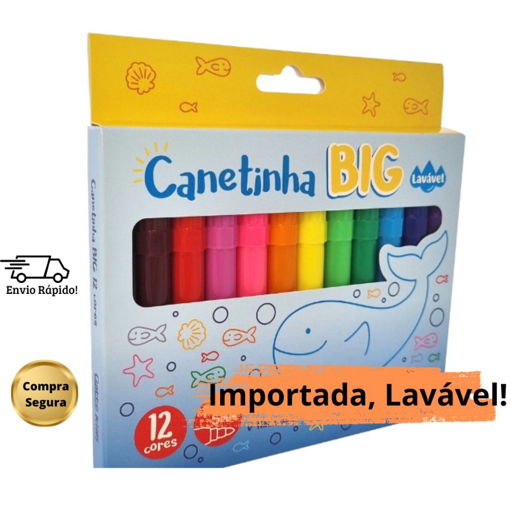 Canetinha BIG Hidrográfica 12 Cores Caneta Lavável Escolar Hidrocolor