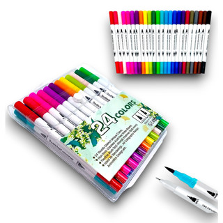 Caneta 24 Cores Brush Pen Pincel Ponta Dupla Ponta Fina Lettering Escolar