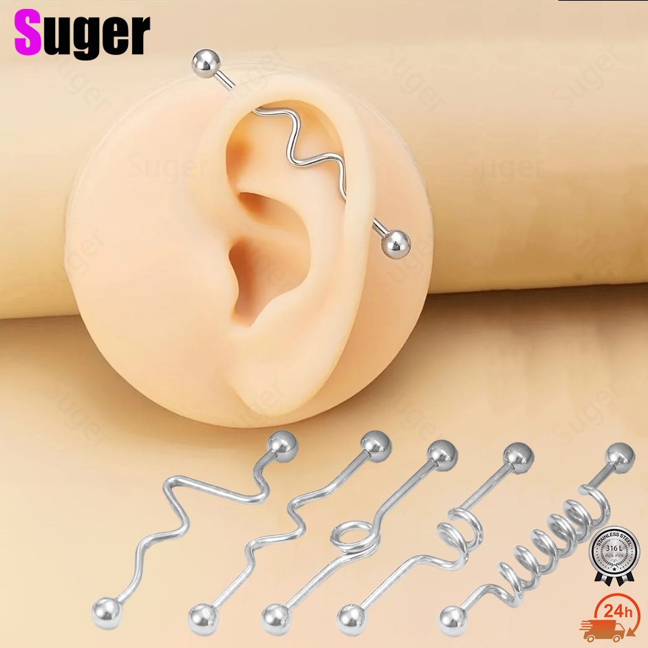 12 pçs aço cirúrgico industrial barbell piercing conjunto cartilagem brinco hélice longo orelha barra do parafuso prisioneiro feminino corpo jóias 38mm 14g em Oferta na Shopee