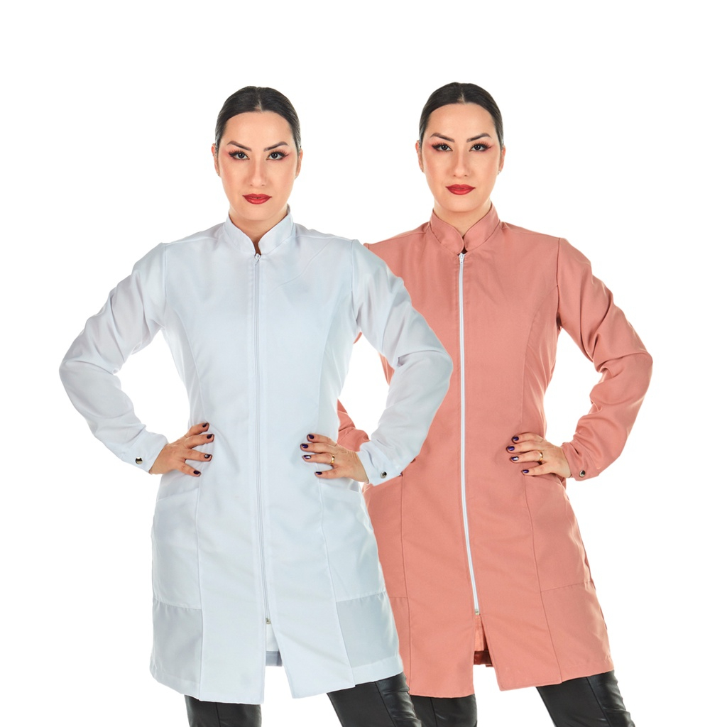 Kit 2 Jalecos Oxford Básico Zíper Manga Longa 1 Branco + 1 Nude Profissional Farmacêutica Esteticista Salão de Beleza Clínica Consultório Nail Designer
