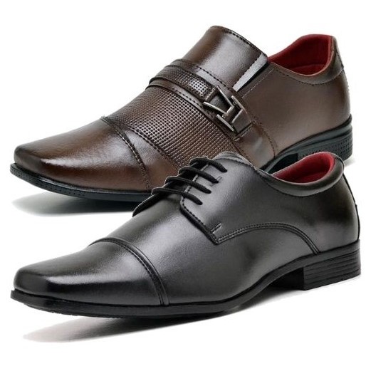 Kit 2 Pares de Sapato Social Masculino Preto e Marrom Cadarço e Fivela