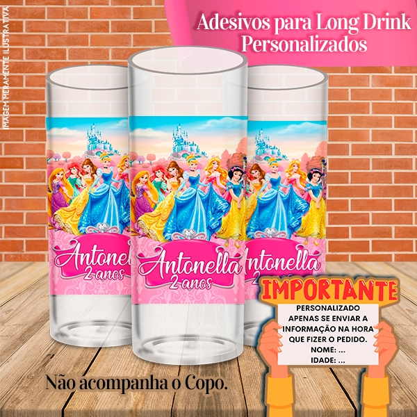Adesivos Personalizados para Copo Long Drink Princesas Disney e Princesa Sofia