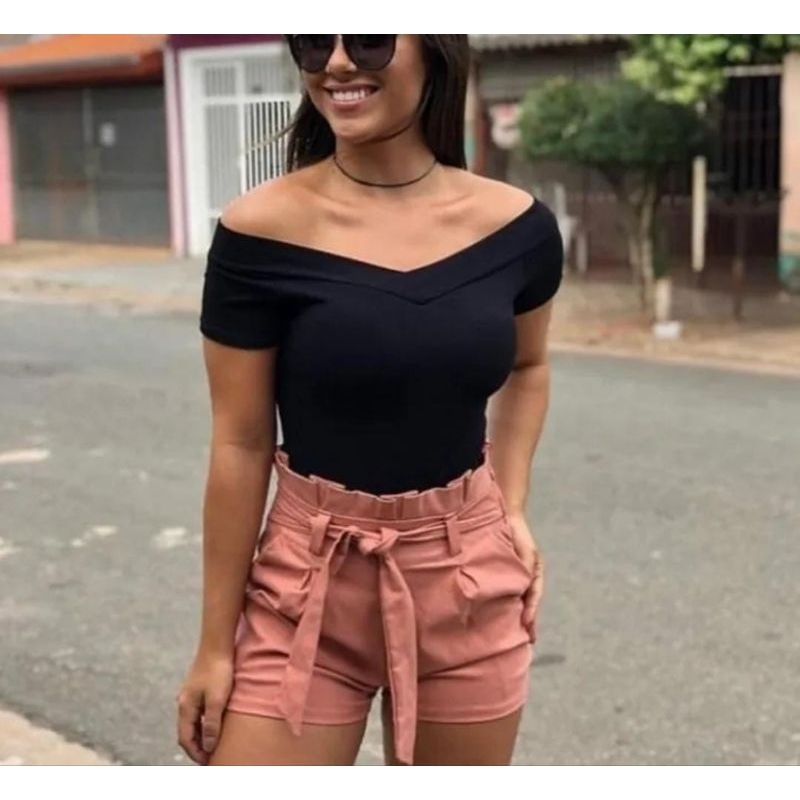 Blusa canelada ombro a ombro com bojo removível