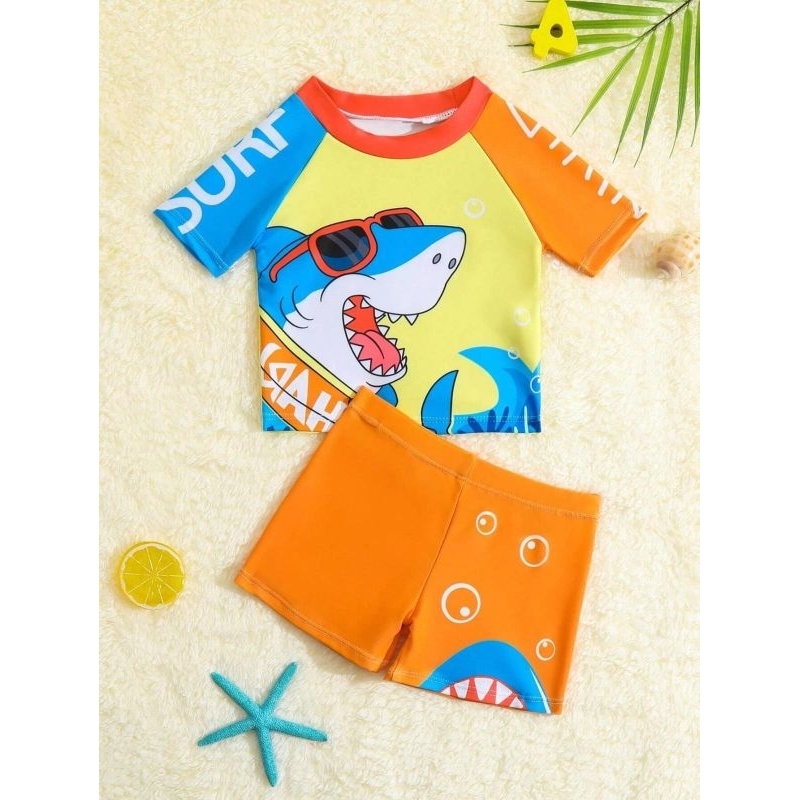 Conjunto de banho infantil bebê menino duas peças tubarão praia piscina verão