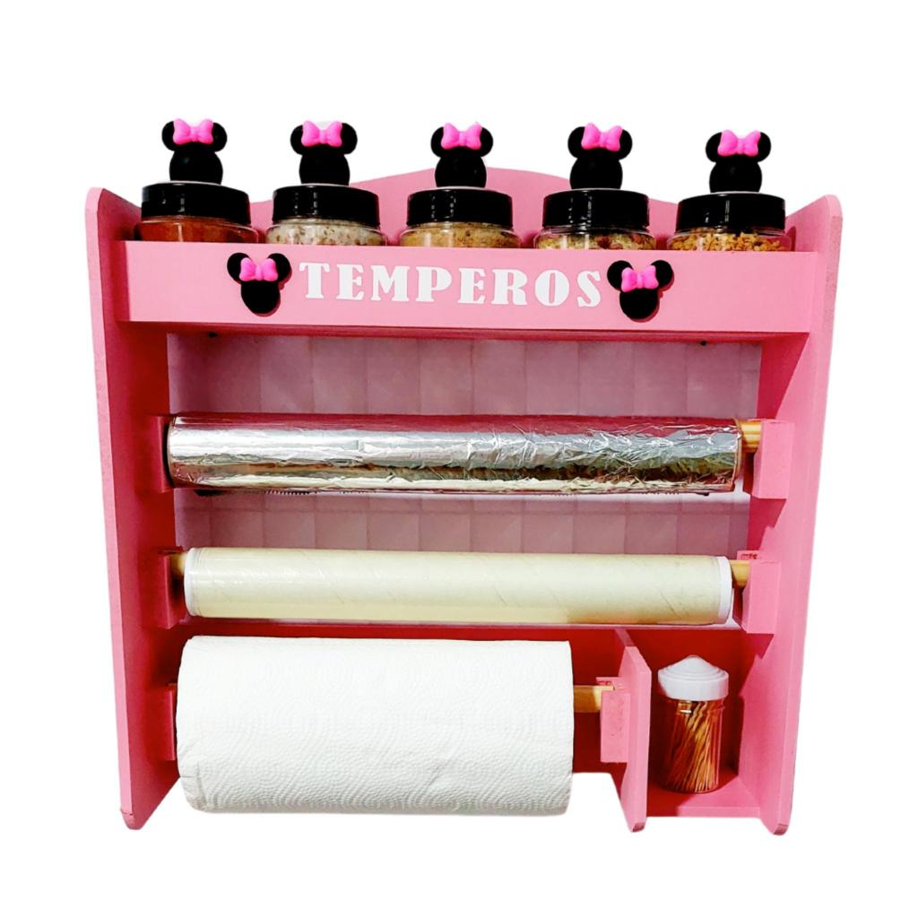 Porta tempero Minnie com 5 potes decorados com biscuit suporte para temperos