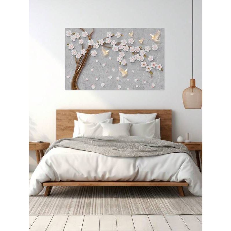 Adesivo de parede, quadro adesivo, envelopamento de móveis e objetos, efeito 3D, floral, CEREJEIRA E PÁSSAROS BN