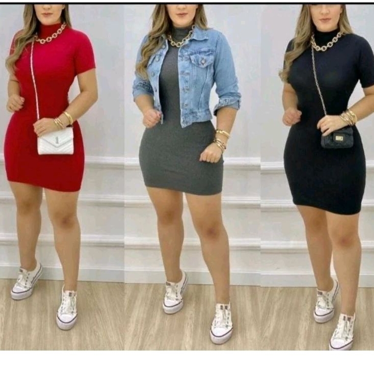 Vestido tubinho canelado manga curta em Oferta na Shopee