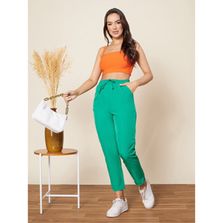 Calça feminina lisa tecido crepinho com elastano na cintura e bolsos laterais