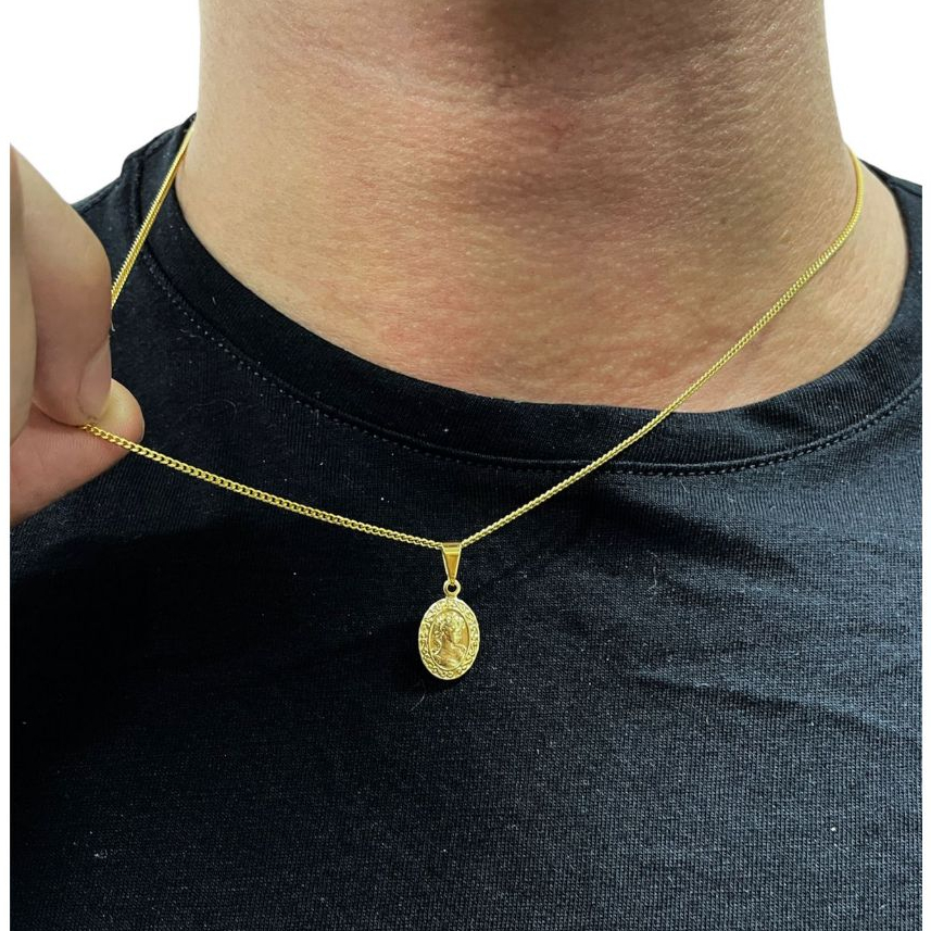 Corrente Masculina Curta + Pingente Camafeu Banhada a Ouro 18k em Oferta na Shopee
